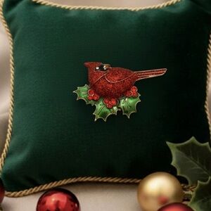 New In Box! Glitter Cardinal Holly Christmas Brooch